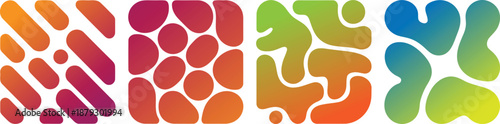 Four distinct vertical rectangular panels showcasing colorful gradient organic shapes on a clean white background