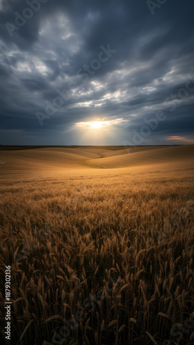Dramatic Storm Over Wheat Field, Dramatic Storm Clouds Gathering Over Golden Wheat Field. Moody Landscape, Nature's Power, Impending Weather, Agriculture, Contrast.