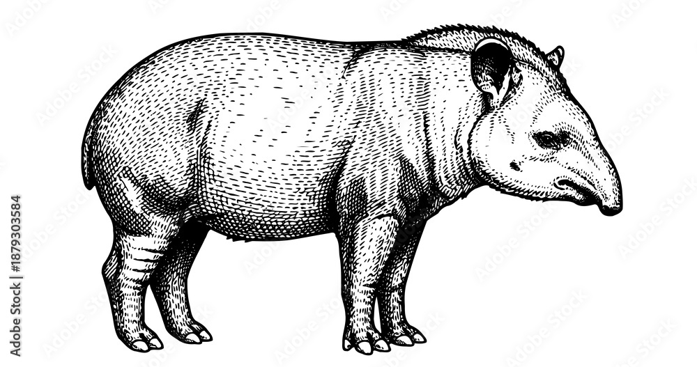 Fototapeta premium Tapir engraving illustration for rare wildlife branding