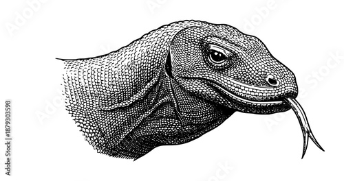 Komodo dragon engraving illustration for powerful exotic branding