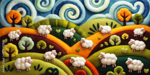 Cute cartoon sheep grazing on colorful rolling hills, whimsical spring landscape with trees and swirling sky illustration