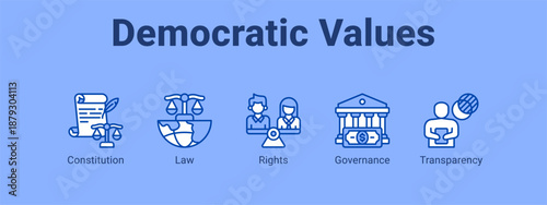 Democratic Values web banner icon vector illustration concept ,  with icon of Constitution, Law, Rights.
