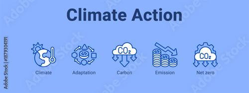 Climate Action web banner icon vector illustration concept ,  with icon of Climate, Adaptation, Carbon, Emission.