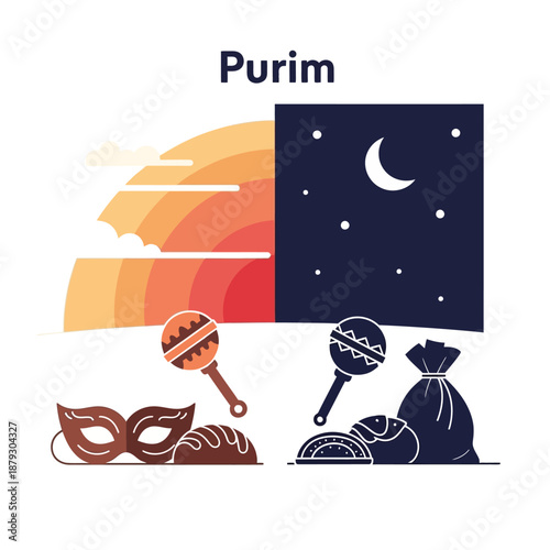 Day and night symbols of Purim celebration with masks food and maracas