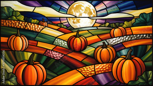 Vibrant stained glass pumpkin field at harvest moon, colorful autumn landscape illustration for fall decor and seasonal design