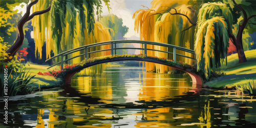 Peaceful garden bridge over reflective pond with willow trees, colorful flowers and golden sunlight in impressionist landscape art