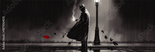 Noir detective under street lamp in rainy city night, lonely man smoking in trench coat with red leaf, cinematic illustration