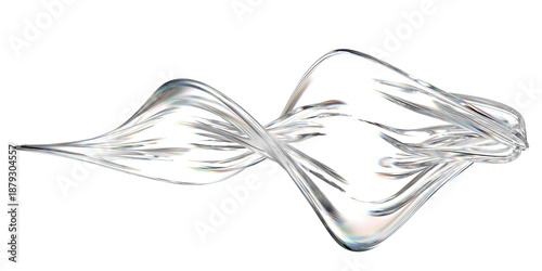 A shimmering, abstract wave of transparent glass or liquid, dynamically twisted against a deep black background, showcasing iridescent light and elegant refractions.