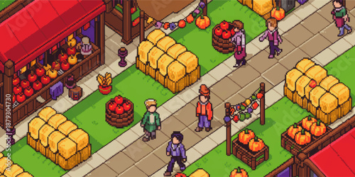 Colorful pixel art autumn harvest festival market with pumpkins, apples, hay bales and walking characters in isometric farm village