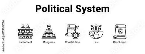 Political System web banner icon vector illustration concept ,  with icon of Parliament, Congress, Constitution.