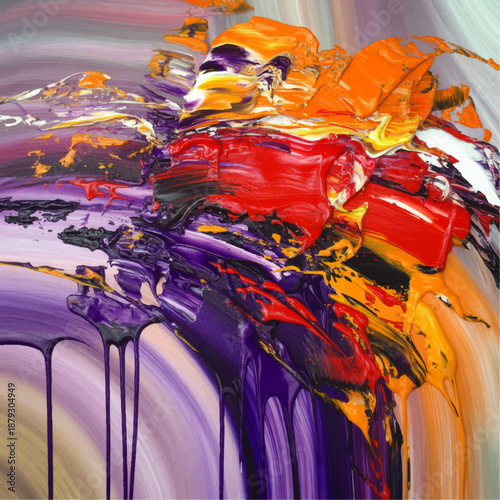 Vibrant abstract acrylic painting with red orange purple brush strokes and dripping texture for modern creative background