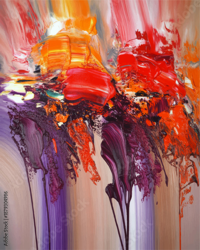 Vibrant abstract acrylic painting with red orange purple brush strokes, modern colorful wall art texture for contemporary interior decor