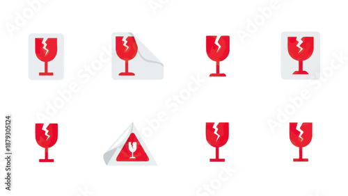 Fragile Glass Warning Symbols Set, Red Icons on White Background