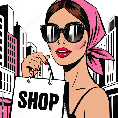 Fashionable woman shopping in city, pop art style illustration with sunglasses, pink scarf, lipstick and modern urban background