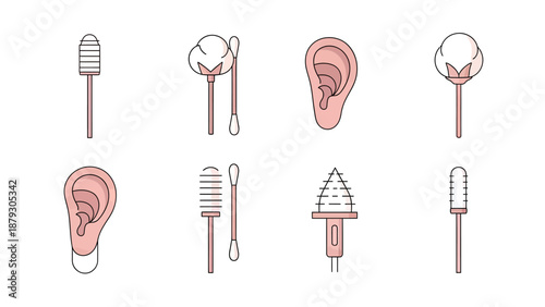 Set of Hygiene Icons: Ears and Cotton Swabs