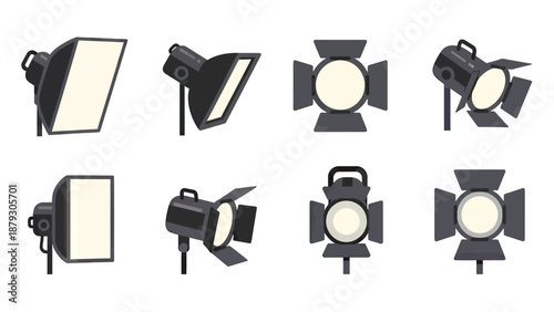 Studio Lighting Equipment Icons: Softboxes and Spotlights