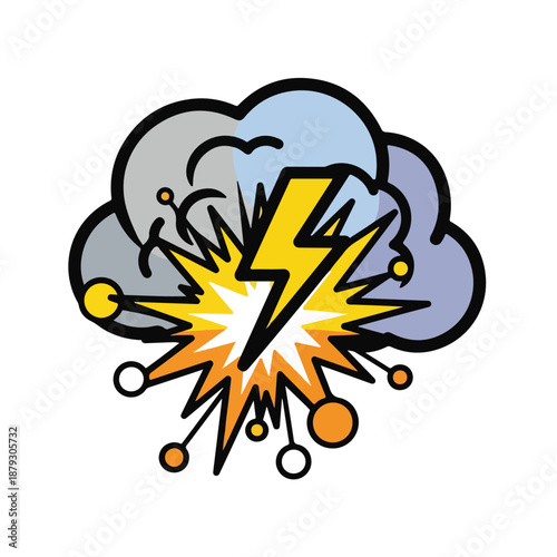 A cartoonish illustration of a lightning bolt amidst colorful explosion and clouds