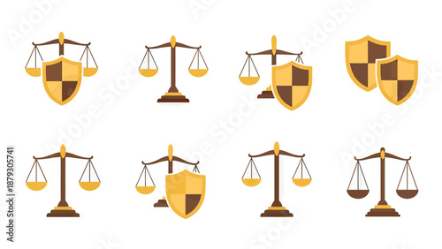 Justice Scales and Shield Icons Set - Legal Symbol Vector Illustration