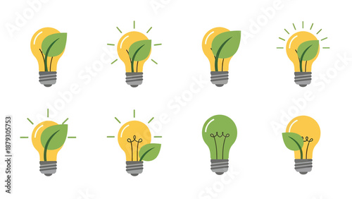 Eco-Friendly Idea Light Bulb Icons with Green Leaves Vector Set