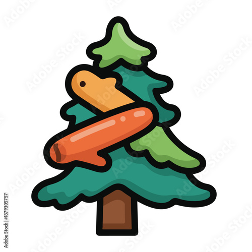 A cartoonish illustration of a pine tree with two sausages