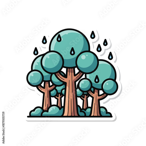 A cartoonish illustration of trees in the rain