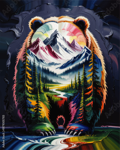 Colorful double exposure bear and mountain landscape painting, surreal wildlife forest art, vibrant nature illustration poster