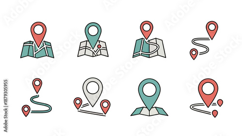 Map Pins and Routes Icons Set