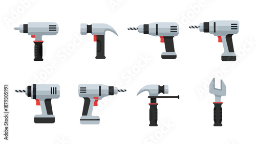 Set of Power Tools and Hand Tools Flat Design Icons