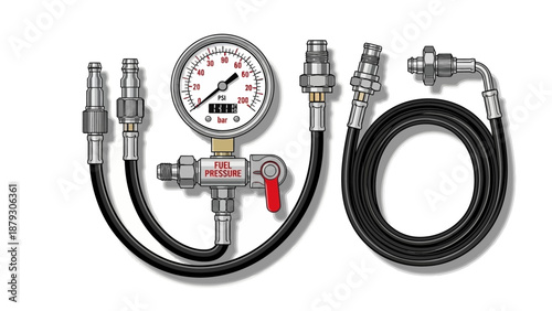 Fuel pressure gauge and hoses for automotive diagnostics