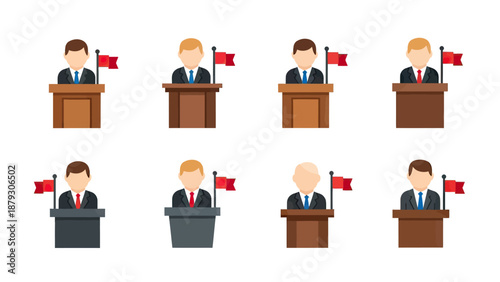 Politicians at Podiums with Flags - Flat Design Icons