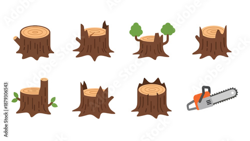 Tree Stumps and Chainsaw Vector Icons Set