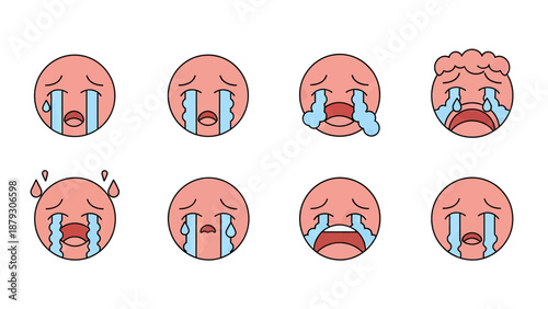 Set of Crying Emoji Faces with Different Expressions