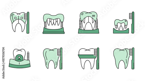 Dental Care Icons: Teeth Brushing and Hygiene Concepts