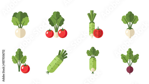 Fresh Root Vegetables and Tomatoes Flat Design Icons
