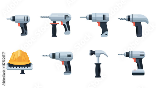 Collection of Power Drills and Tools Vector Illustration