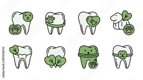 Cute Tooth Icons with Paw Prints and Leaves