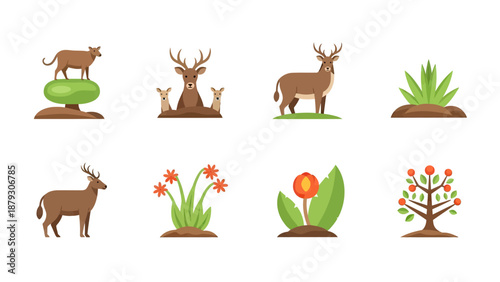 Cute Deer, Cow, and Nature Elements Vector Collection