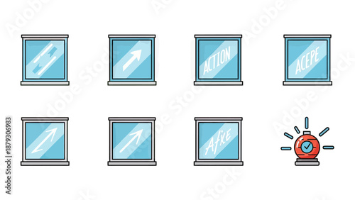 Set of Windows with Icons and Alarm Clock