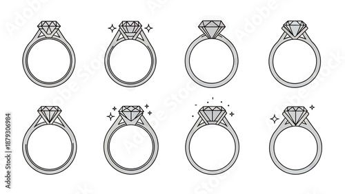 Diamond Ring Icons Set: Engagement, Wedding, Luxury Jewelry