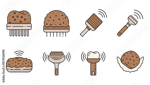 Modern Vector Icons of Fluffy, Brown Particles and Cleaning Tools
