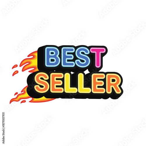 A colorful best seller sign with flames