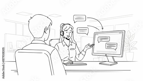 Customer service representative assisting a client with a computer interface.