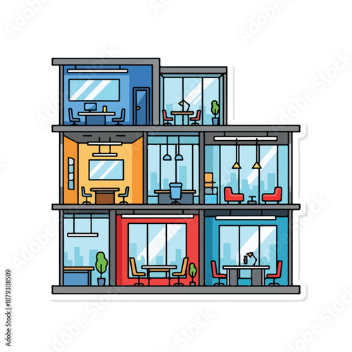 A colorful, cartoon-style office building with multiple rooms