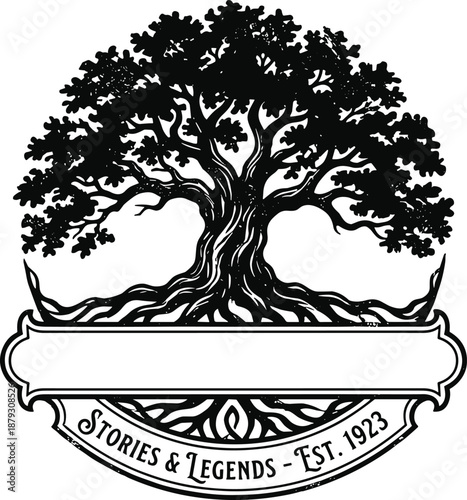 Vintage storytelling tree logo emblem, classic oak with roots illustration, blank banner branding design, heritage folklore symbol, established 1923
