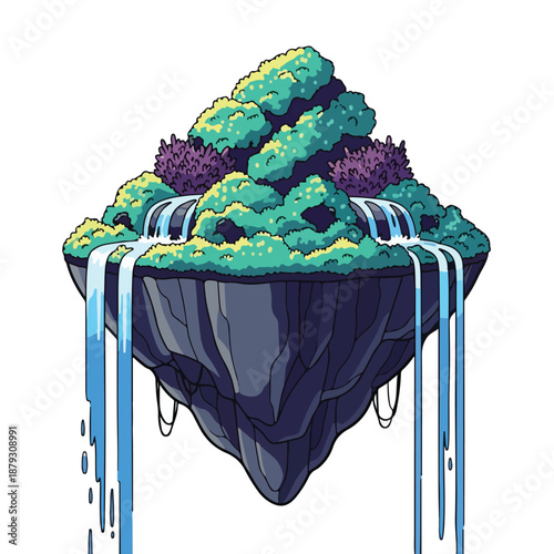 A floating island with lush greenery and waterfalls