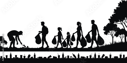 Black silhouette set of volunteers and children collecting trash in garbage bags, community park cleanup event, environmental protection and ecological waste management, vector.