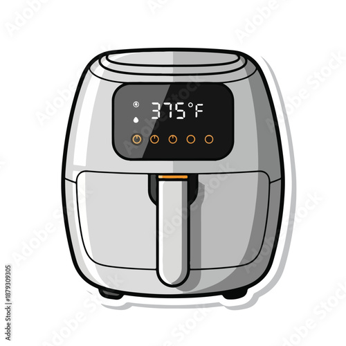A digital illustration of a gray air fryer with a black control panel
