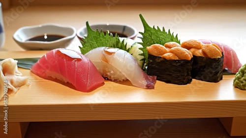 Sushi Arranged on Wooden Board with Soy Sauce.