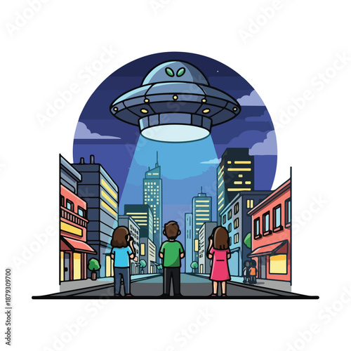 A futuristic city scene with a UFO hovering