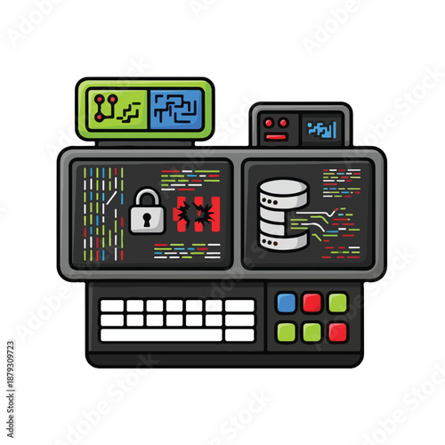 A futuristic computer workstation with multiple screens and controls